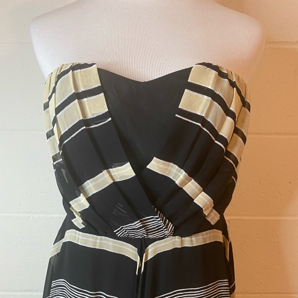 MM Couture by Miss Me Tan Black Stripe Strapless Party Cocktail Dress - Picture 2 of 11